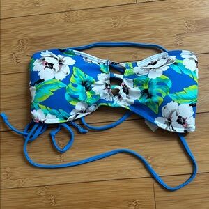Hollister Blue Floral Bandeau Swim Top with Green Leaf Accents